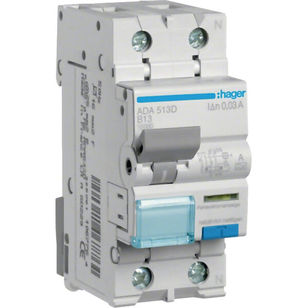 Hager FI/LS-Schalter 1P+N 10kA B-13A 30mA ADA513D